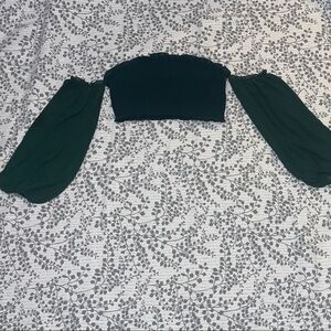 Hunter green top with sheer attached elastic sleeves